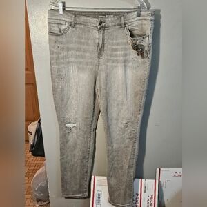 Chico's Grey Distressed Skinny Jeans with Embellished Pocket